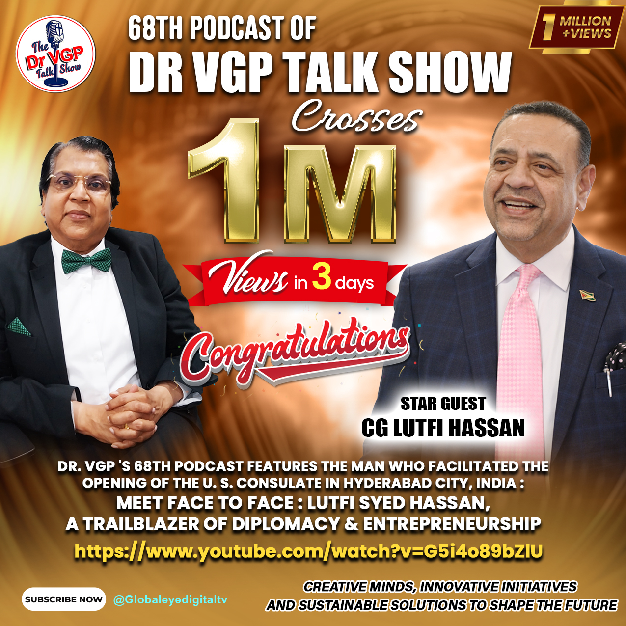 Dr. VGP Podcast milestone poster featuring CG Lutfi Hassan