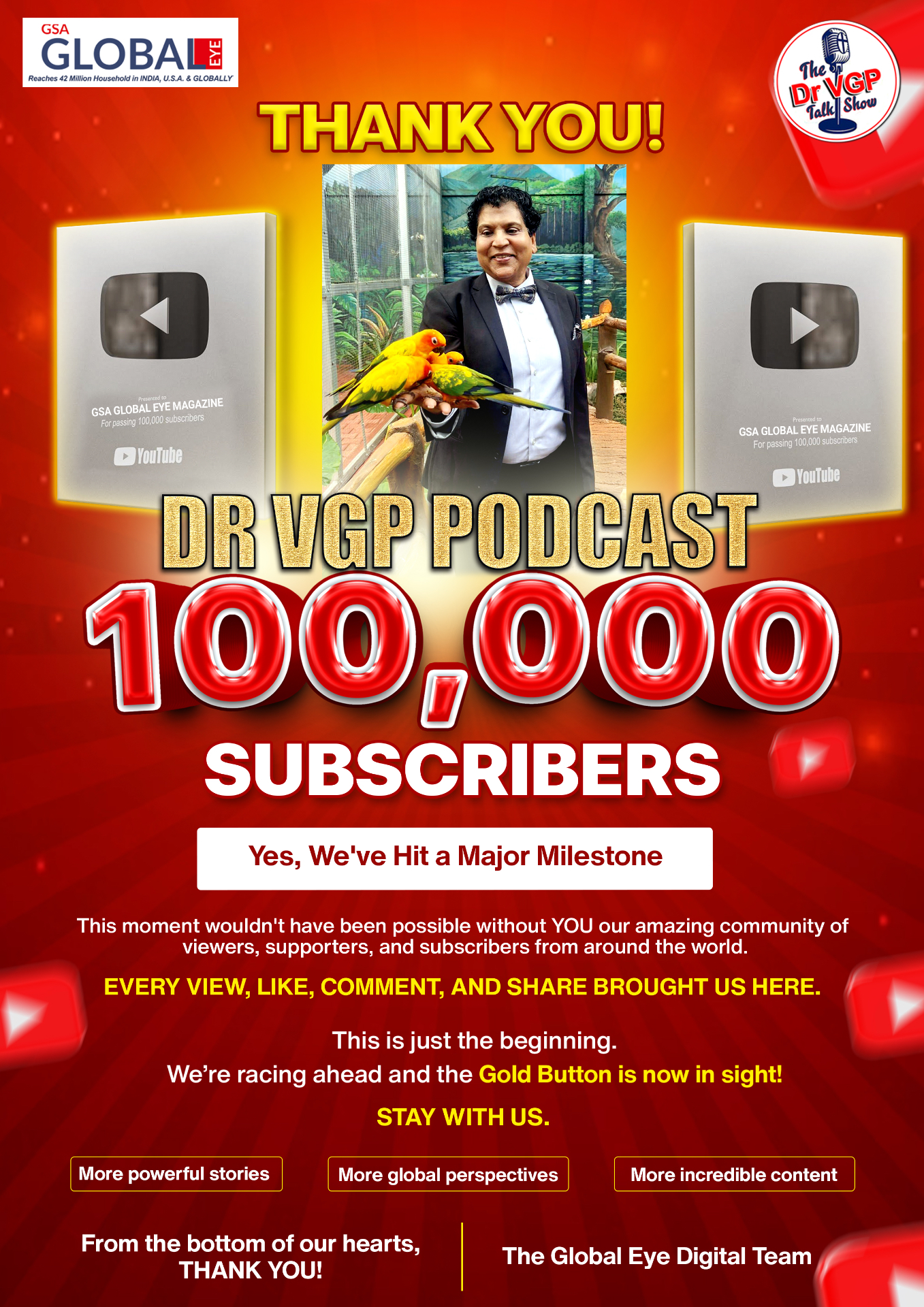 Dr. VGP Podcast 100,000 subscribers and Silver Button milestone poster